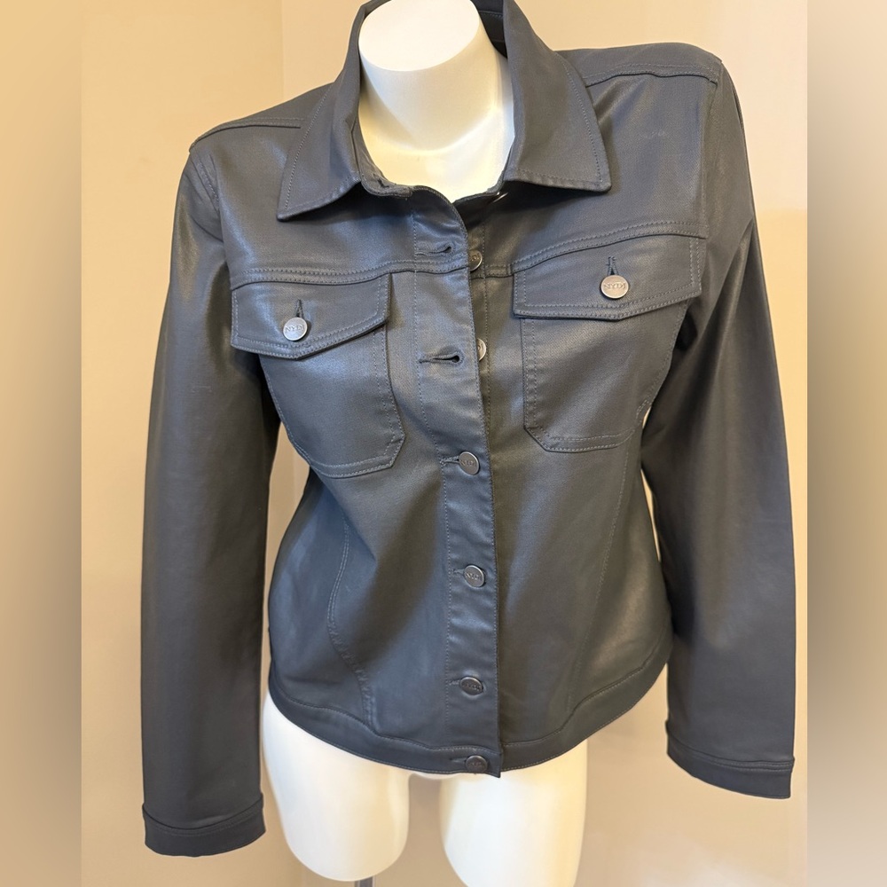NYDJ Coated Jean Jacket Sz Small Dark Gray Super Soft Logo Buttons Slimming RARE